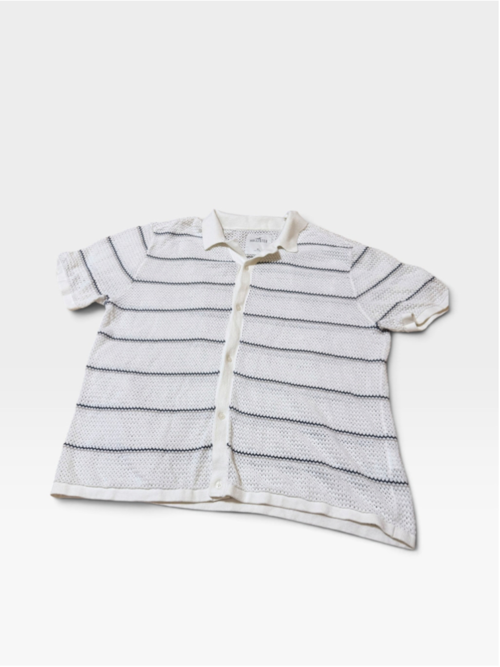 Men's Hollister Polo Shirt XL White Blue Striped Knit Button Down